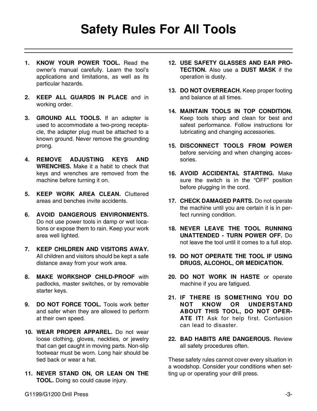 Grizzly G1200, G1199 instruction manual Safety Rules For All Tools 