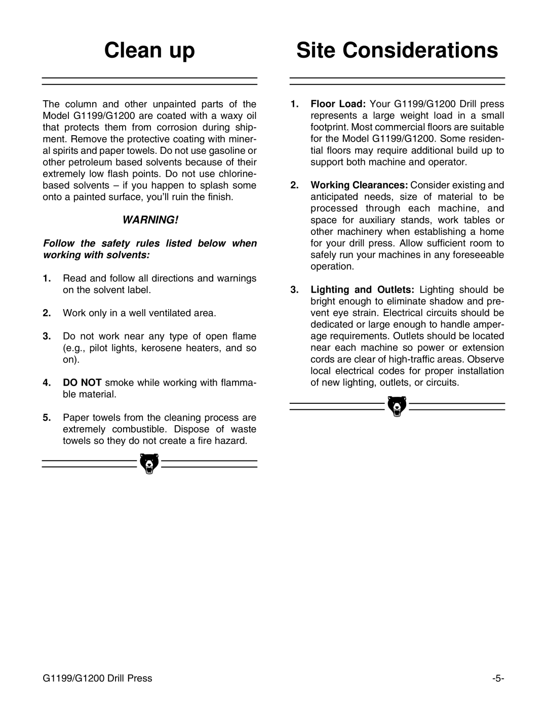 Grizzly G1200, G1199 instruction manual Clean up Site Considerations 