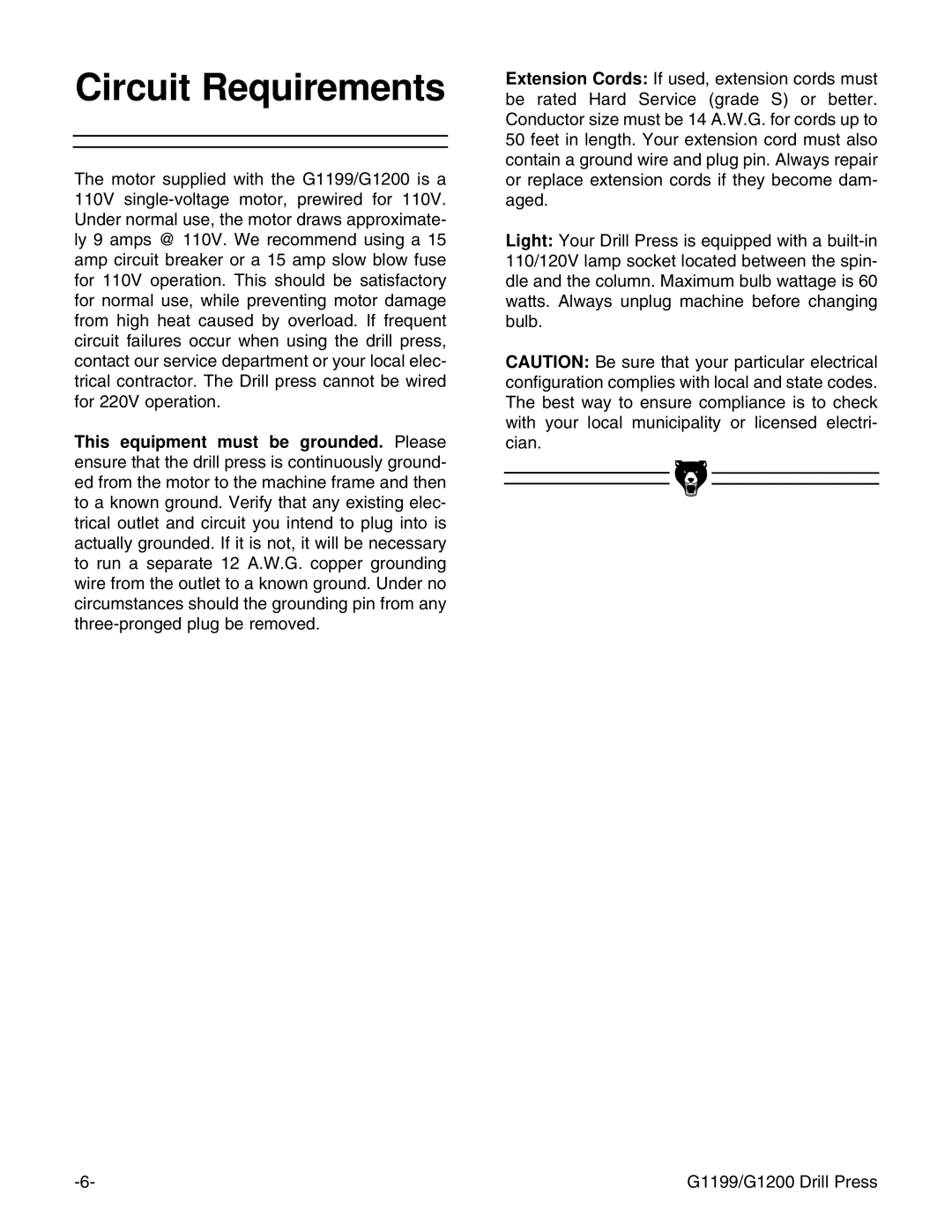 Grizzly G1199, G1200 instruction manual Circuit Requirements 