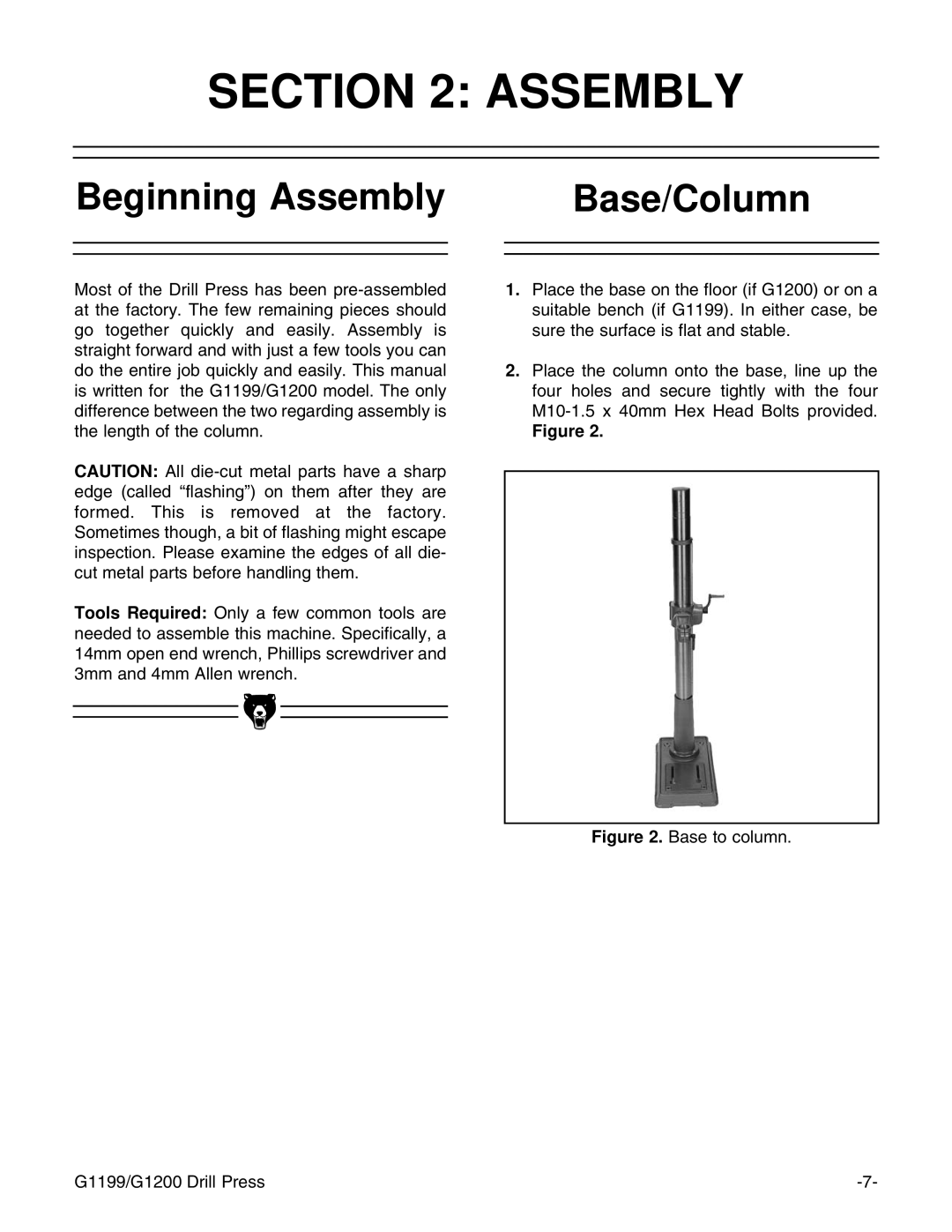 Grizzly G1200, G1199 instruction manual Beginning Assembly Base/Column 