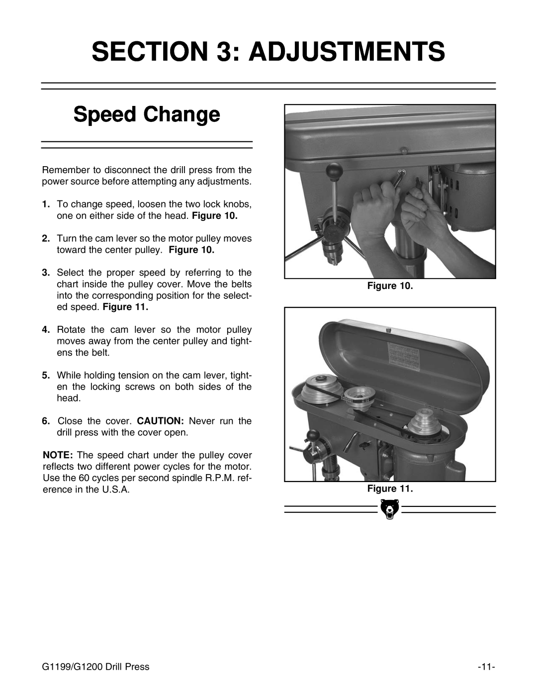 Grizzly G1200, G1199 instruction manual Adjustments, Speed Change 