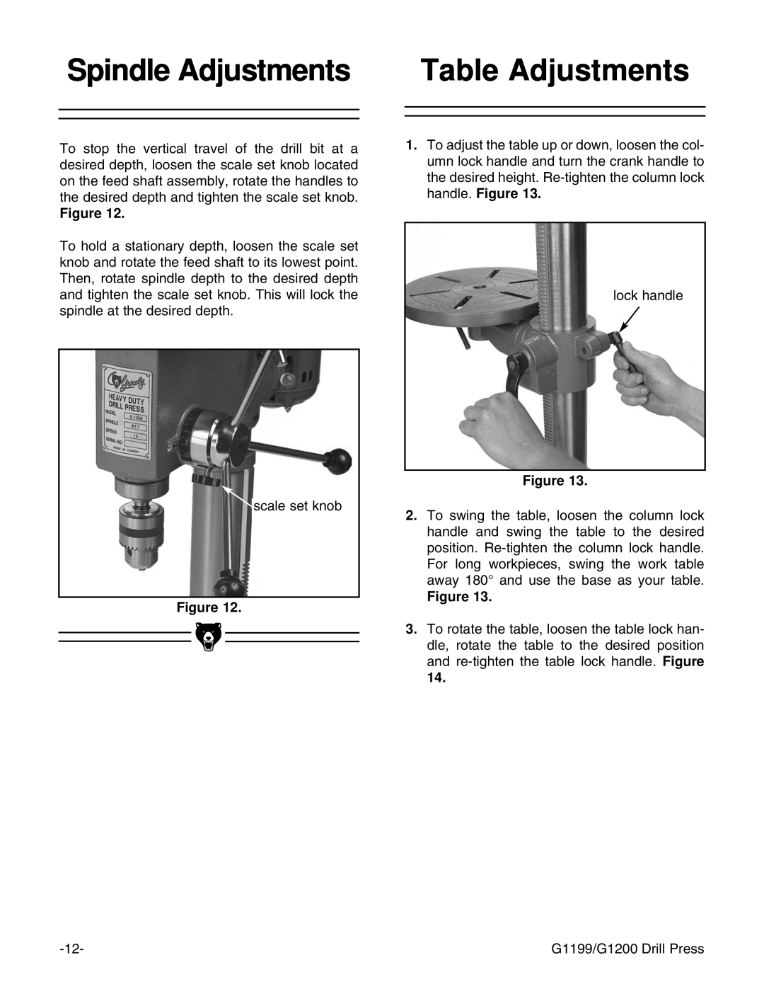 Grizzly G1199, G1200 instruction manual Table Adjustments, Spindle Adjustments 