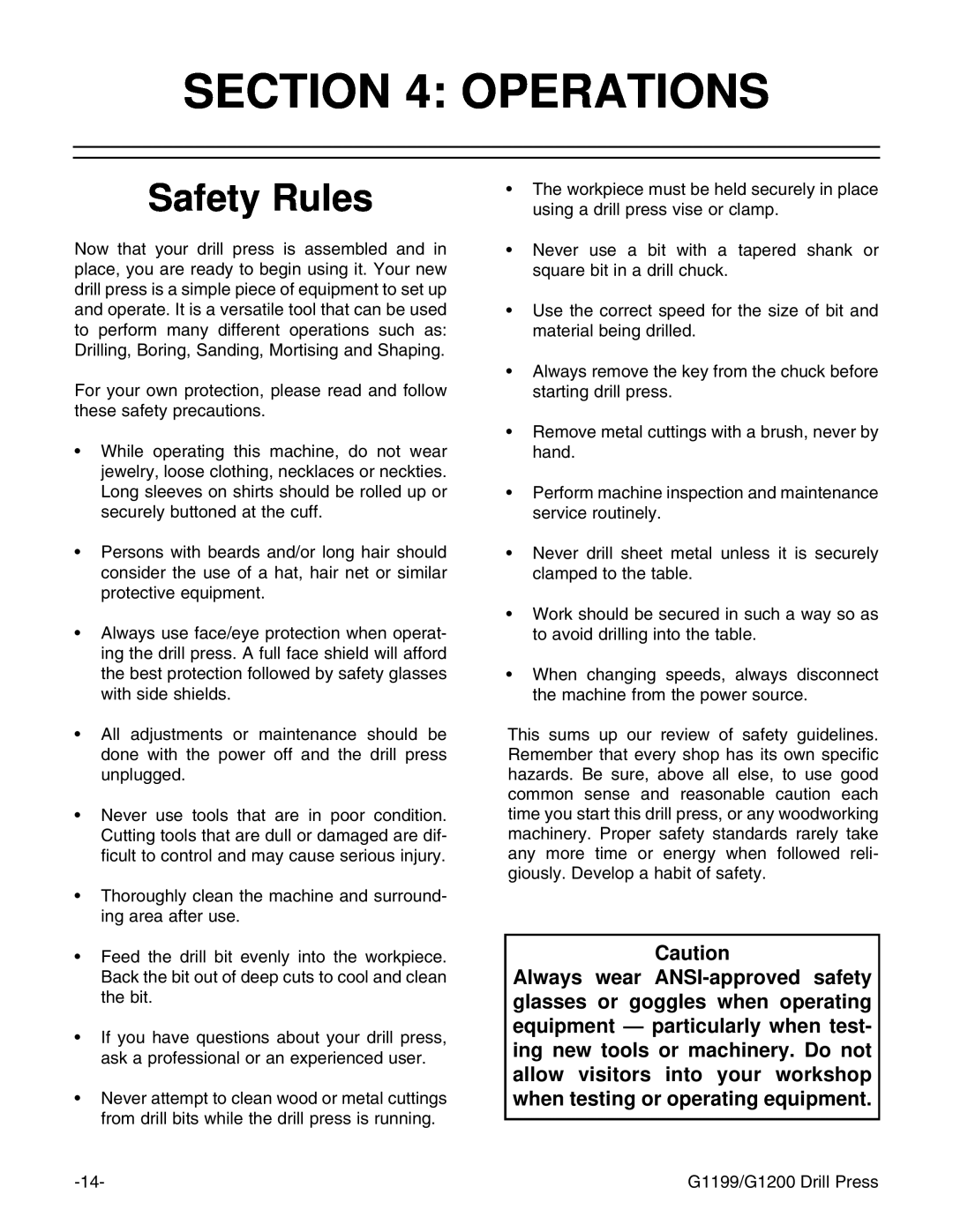 Grizzly G1199, G1200 instruction manual Operations, Safety Rules 
