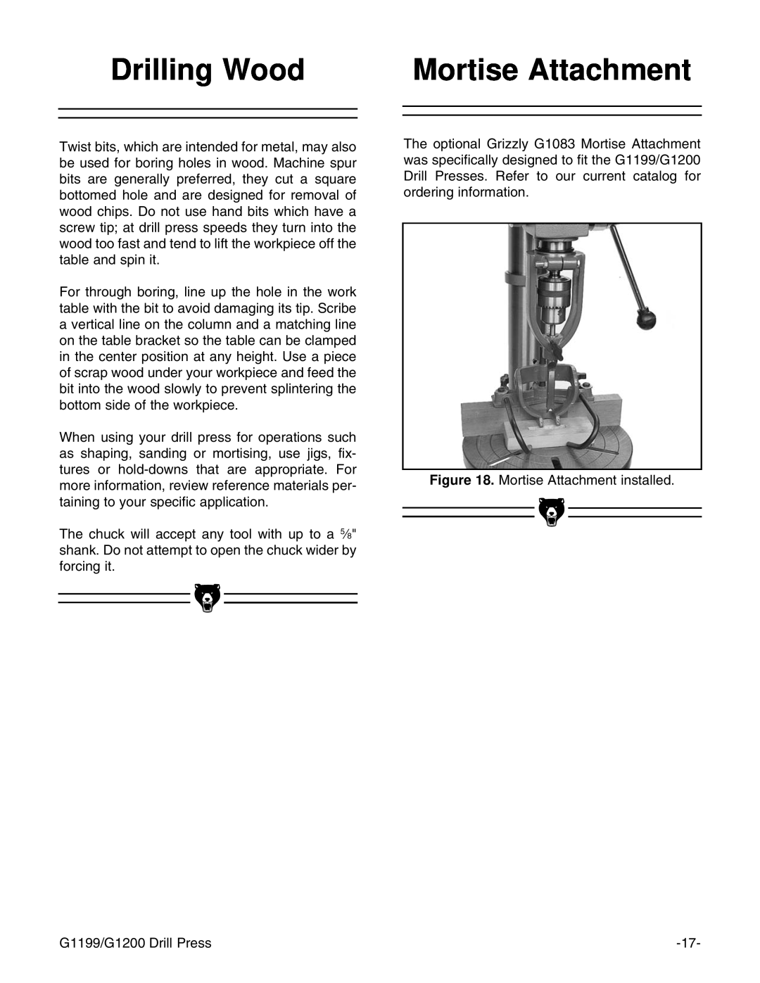 Grizzly G1200, G1199 instruction manual Drilling Wood, Mortise Attachment 