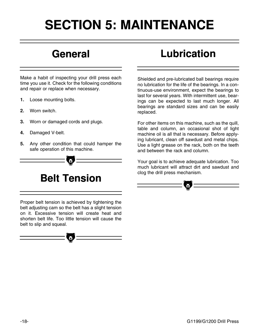 Grizzly G1199, G1200 instruction manual Maintenance, GeneralLubrication, Belt Tension 