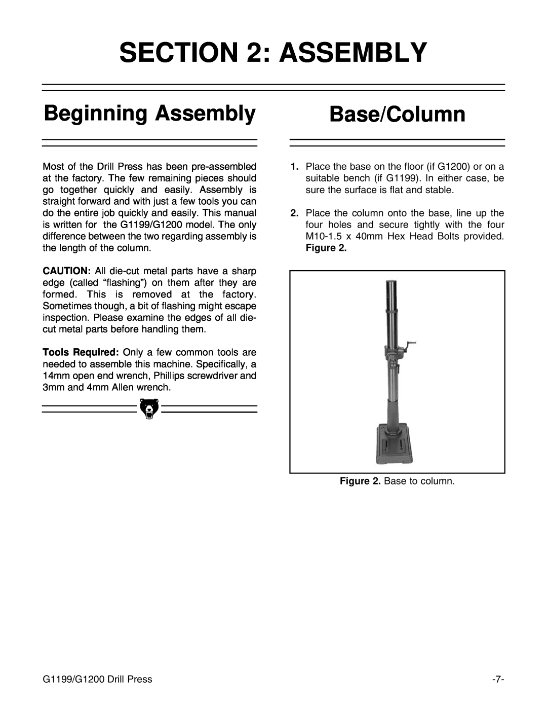 Grizzly G1200, G1199 instruction manual Beginning Assembly, Base/Column 