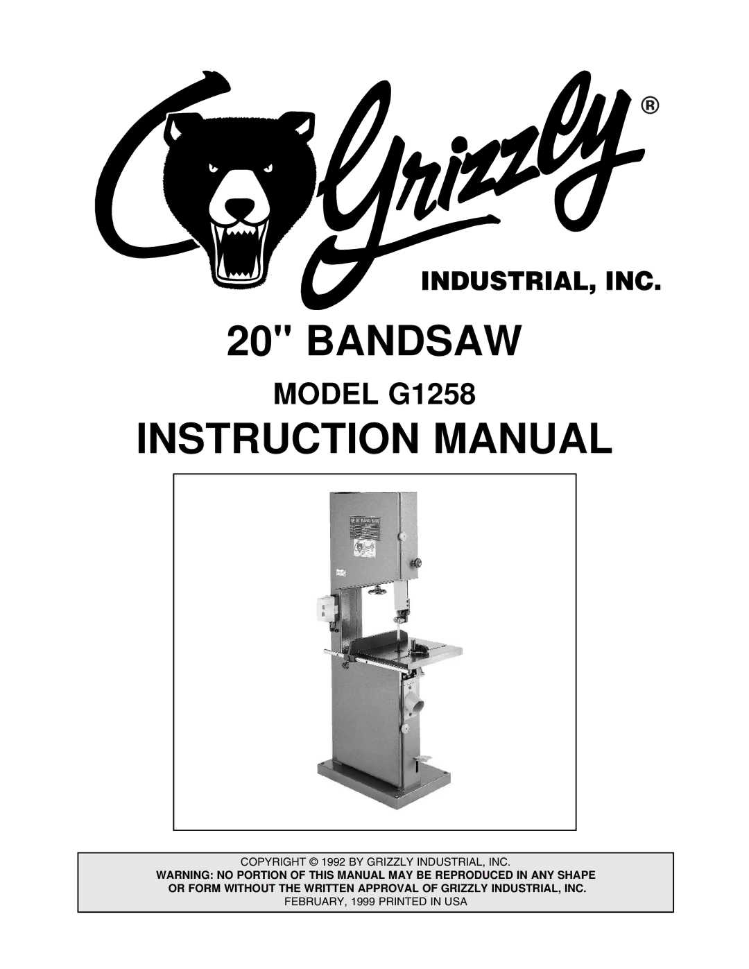 Grizzly G1258 instruction manual Bandsaw 