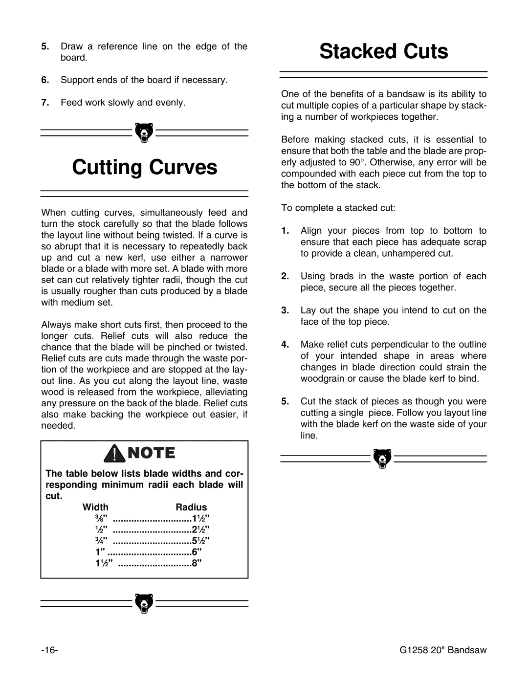 Grizzly G1258 instruction manual Cutting Curves, Stacked Cuts 