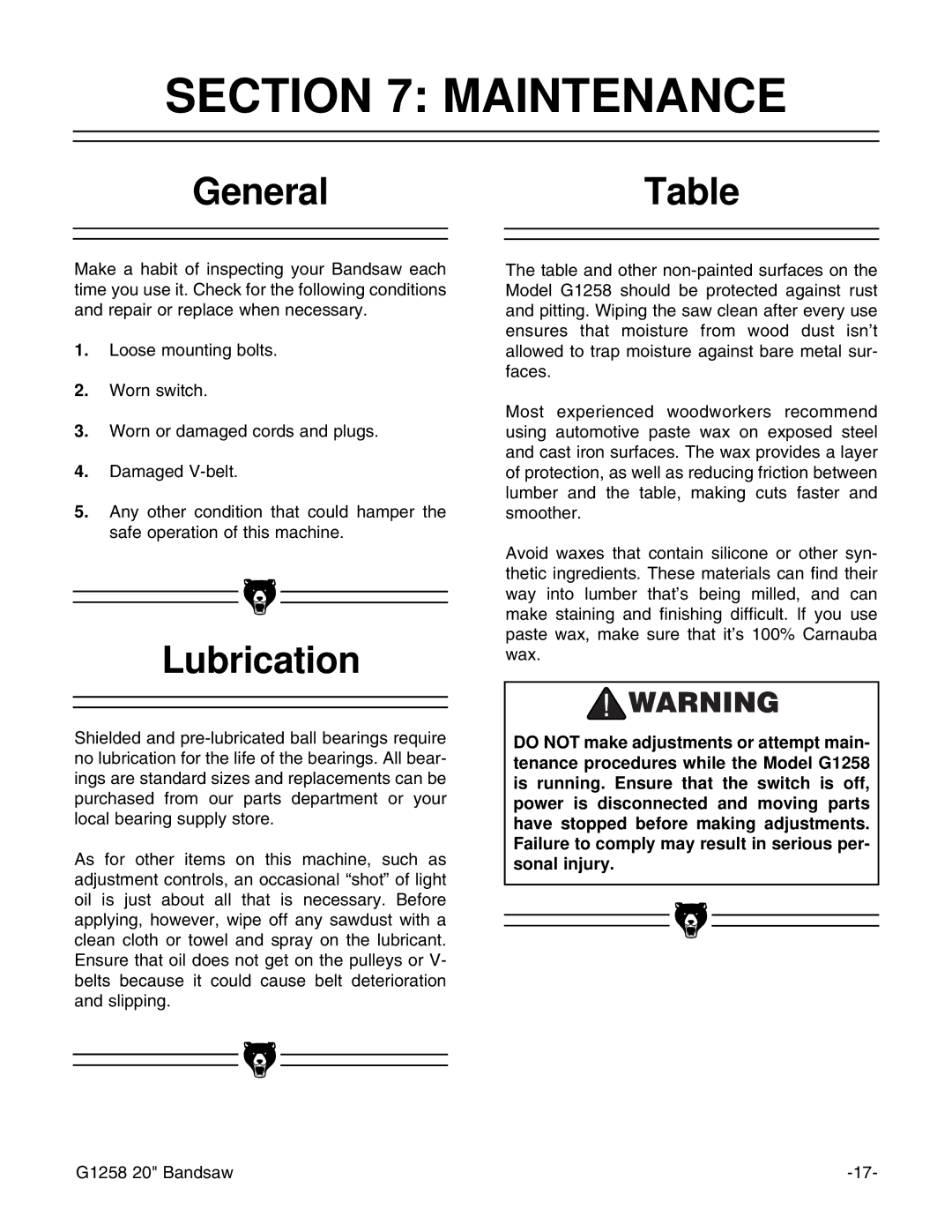 Grizzly G1258 instruction manual Maintenance, GeneralTable, Lubrication 