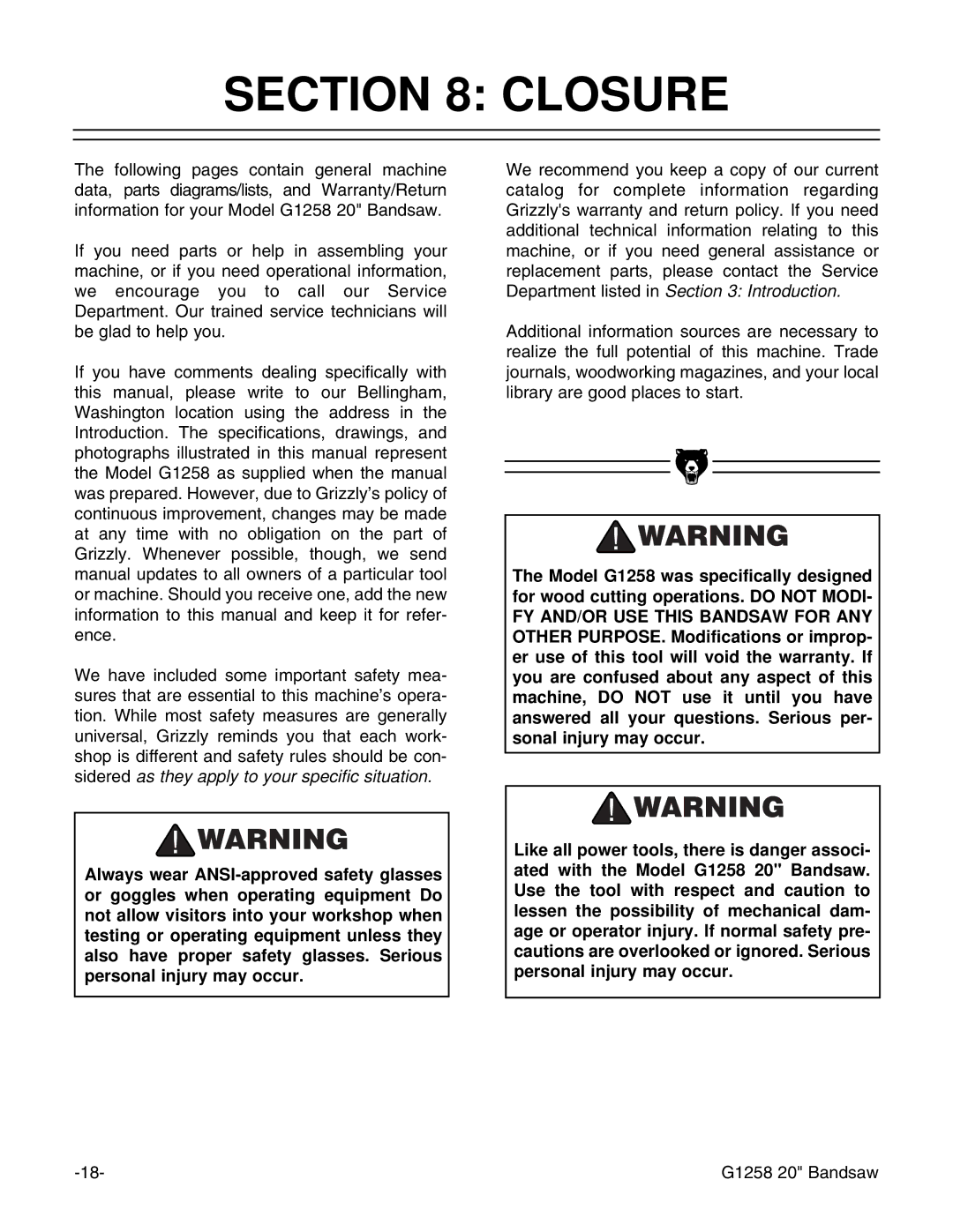 Grizzly G1258 instruction manual Closure 