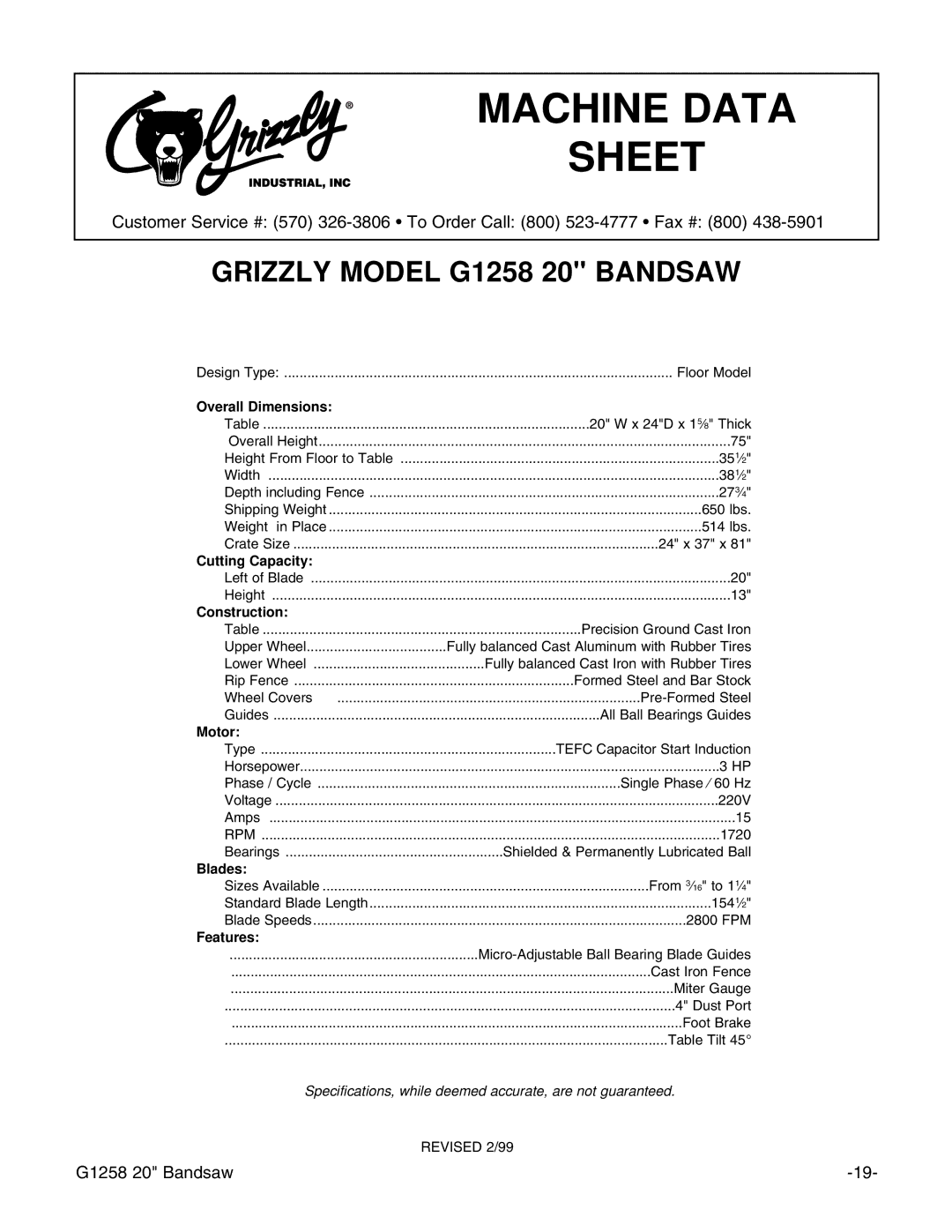 Grizzly G1258 instruction manual Machine Data Sheet 