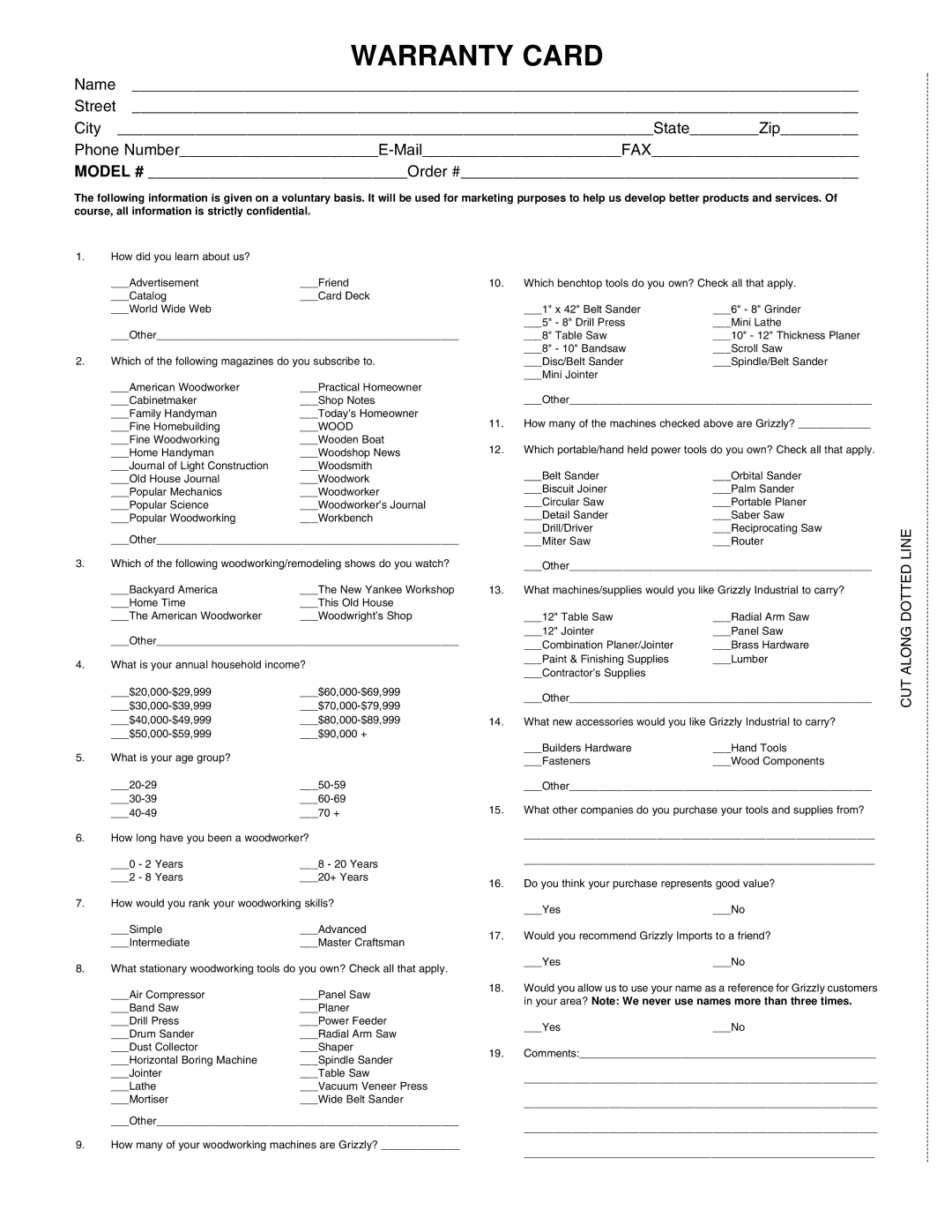 Grizzly G1258 instruction manual Warranty Card 