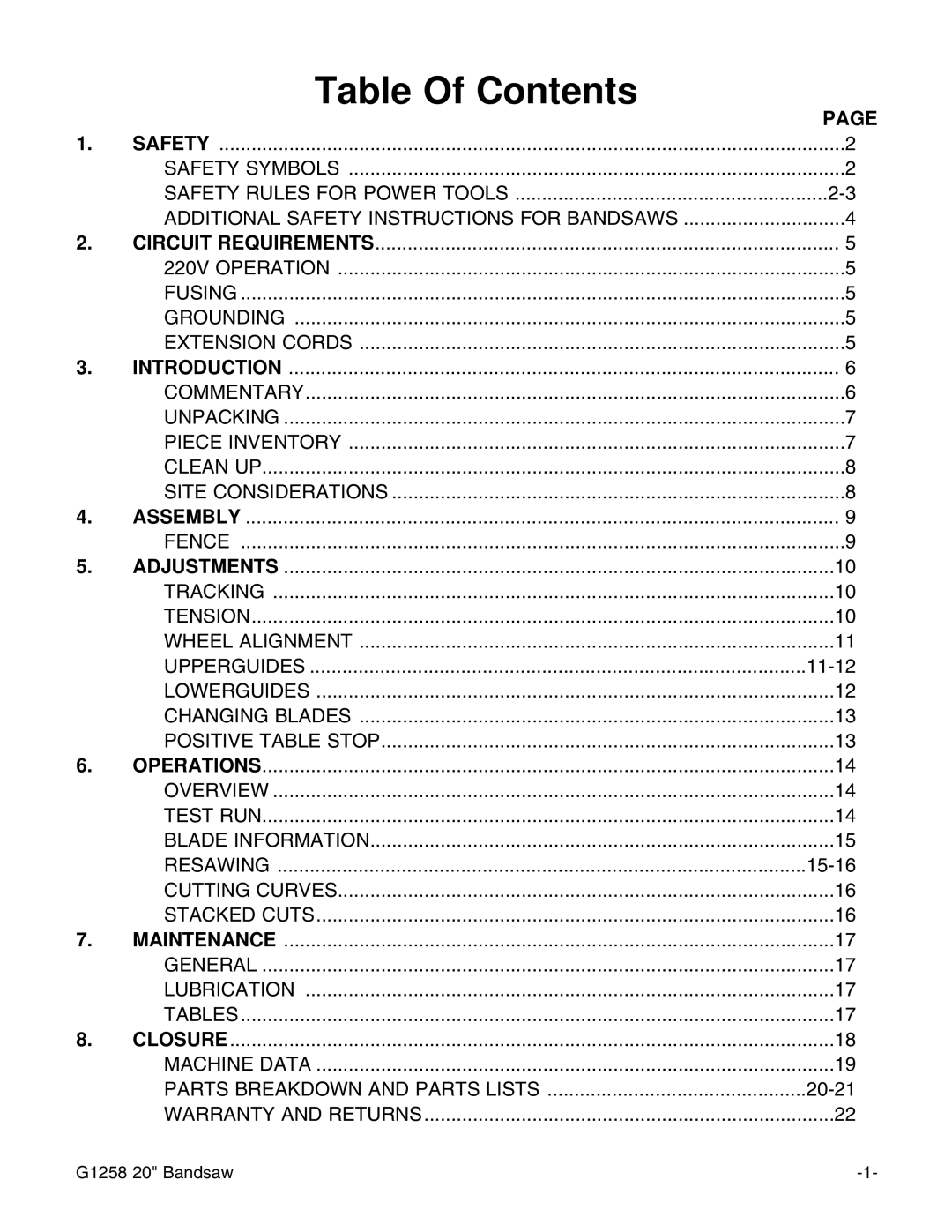 Grizzly G1258 instruction manual Table Of Contents 