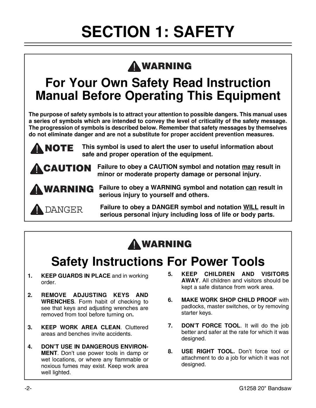 Grizzly G1258 instruction manual Safety Instructions For Power Tools 