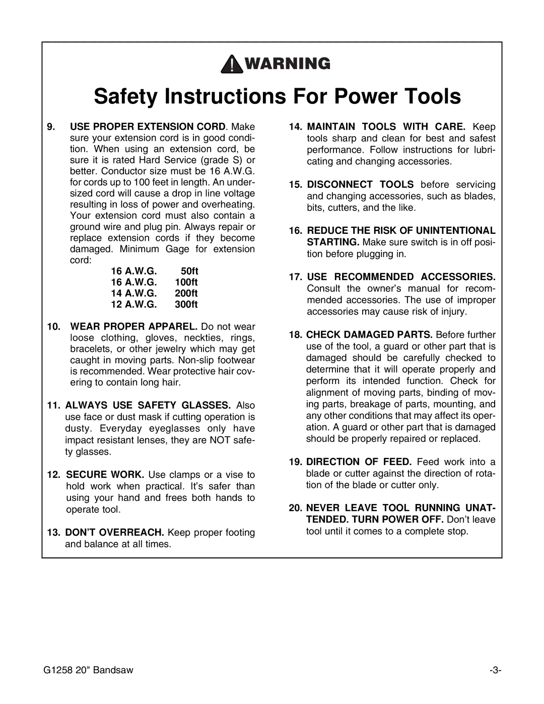 Grizzly G1258 instruction manual Safety Instructions For Power Tools 