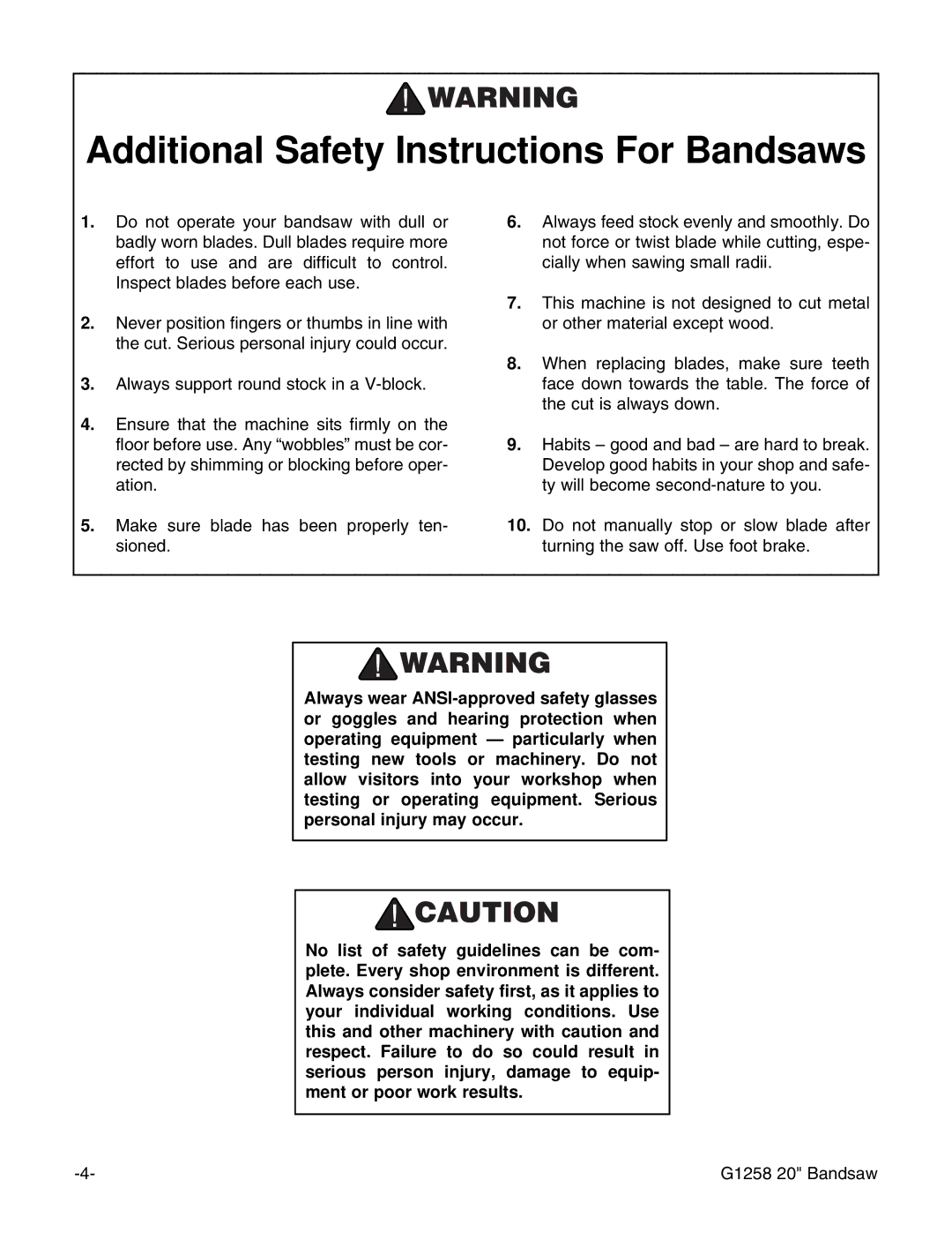 Grizzly G1258 instruction manual Additional Safety Instructions For Bandsaws 