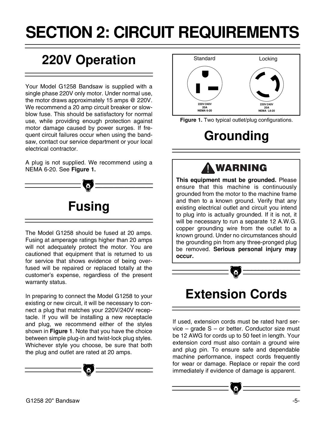 Grizzly G1258 instruction manual Circuit Requirements, 220V Operation, Fusing, Grounding, Extension Cords 