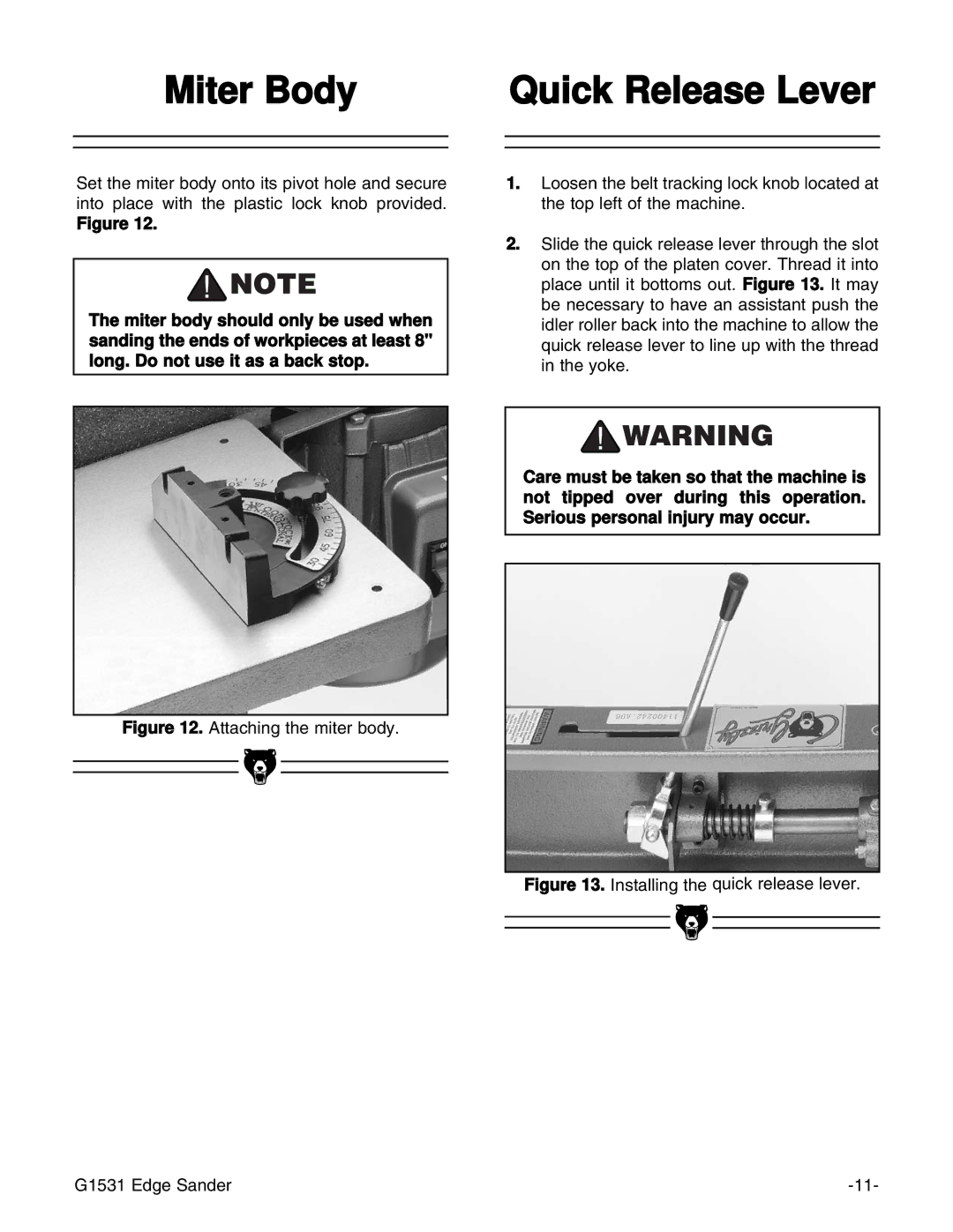 Grizzly G1531 manual Miter Body Quick Release Lever, Attaching the miter body 