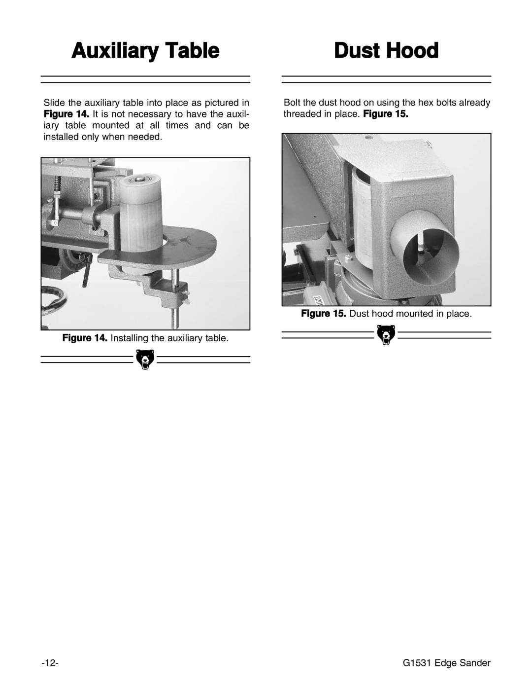 Grizzly manual Auxiliary Table Dust Hood, Dust hood mounted in place G1531 Edge Sander 