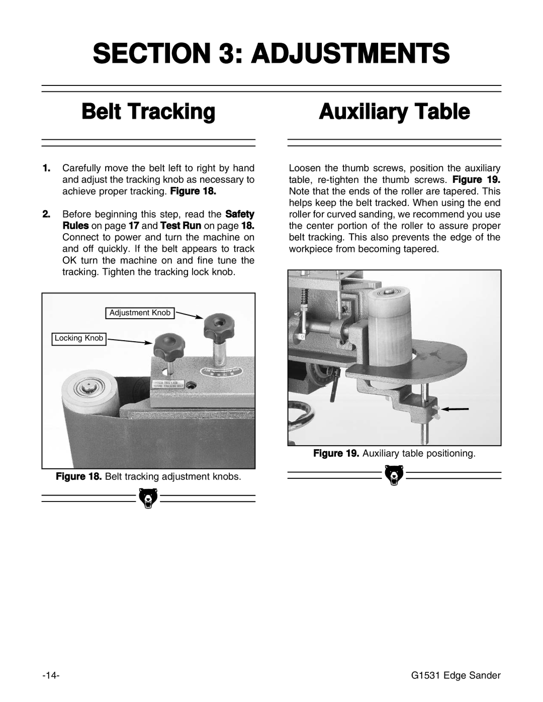 Grizzly G1531 manual Adjustments, Belt Tracking Auxiliary Table 