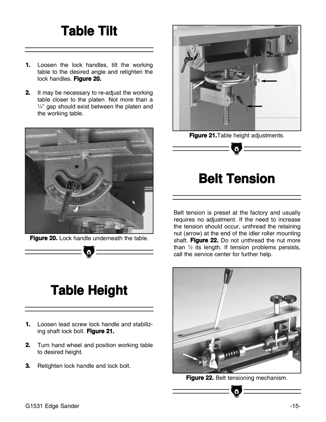 Grizzly G1531 manual Table Tilt, Belt Tension, Table Height 