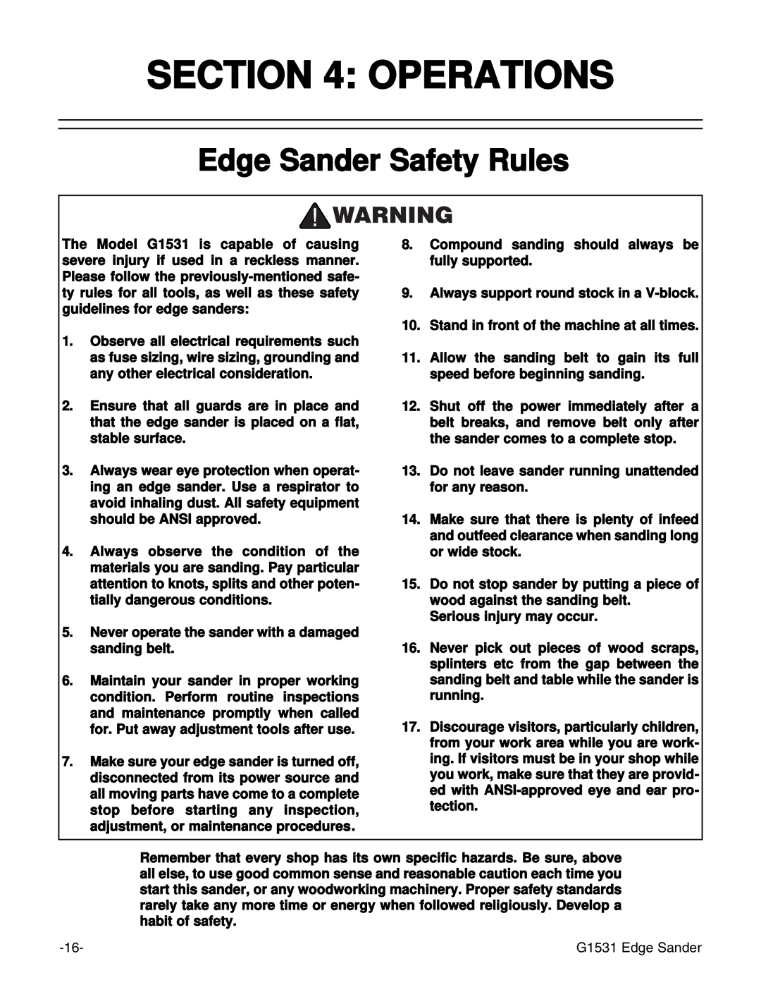 Grizzly G1531 manual Operations, Edge Sander Safety Rules 