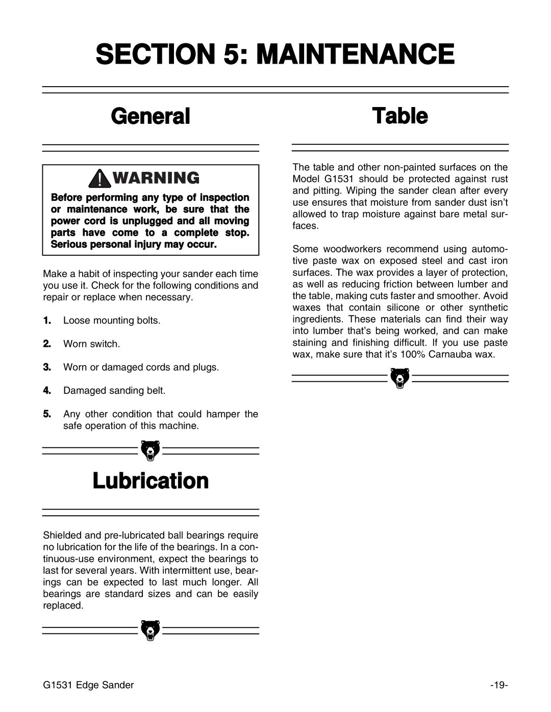 Grizzly G1531 manual Maintenance, GeneralTable, Lubrication 