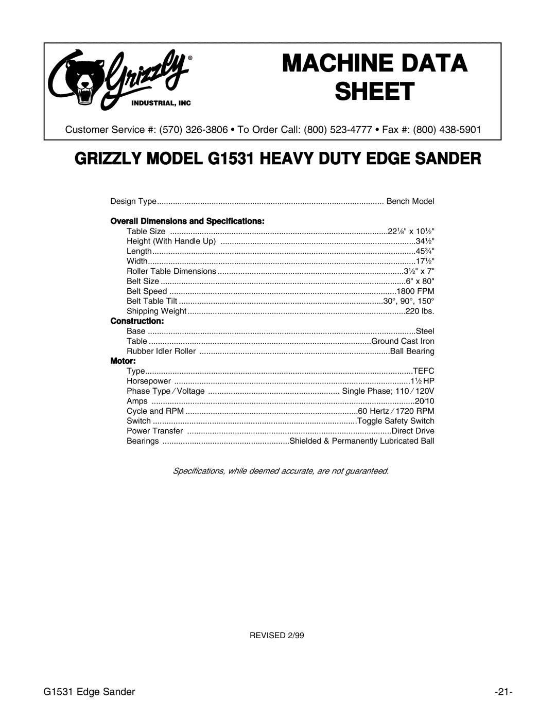 Grizzly G1531 manual Machine Data Sheet 