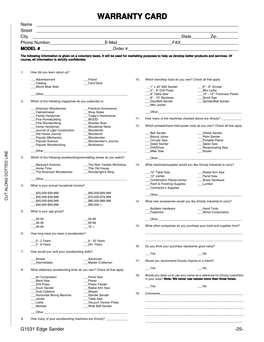 Grizzly G1531 manual Warranty Card 