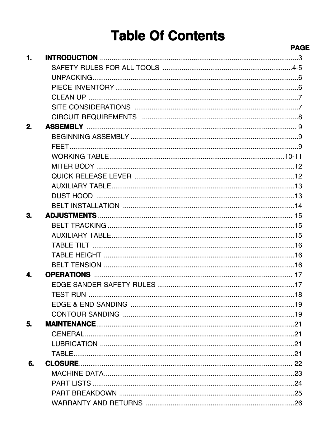 Grizzly G1531 manual Table Of Contents 