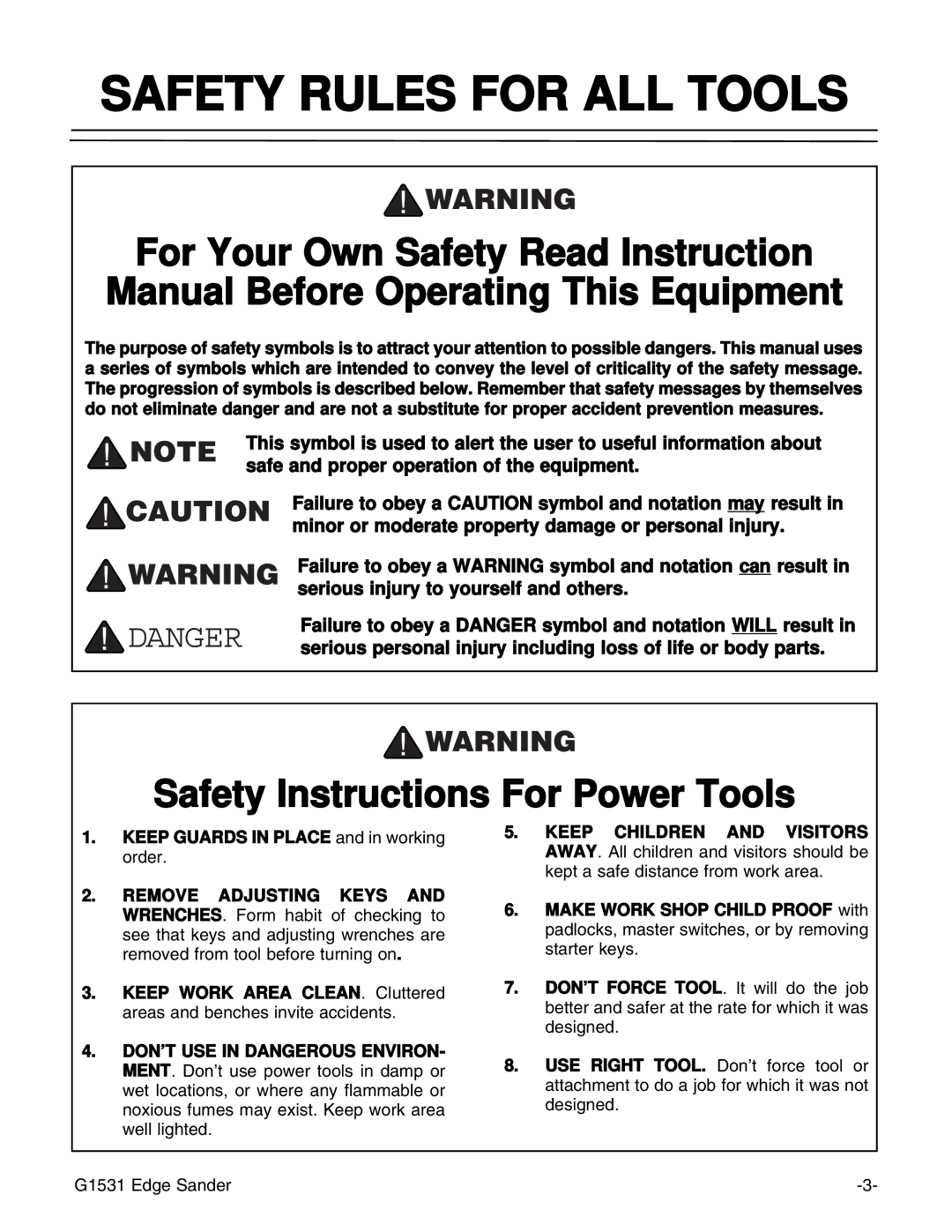 Grizzly G1531 manual Safety Rules for ALL Tools, Safety Instructions For Power Tools 