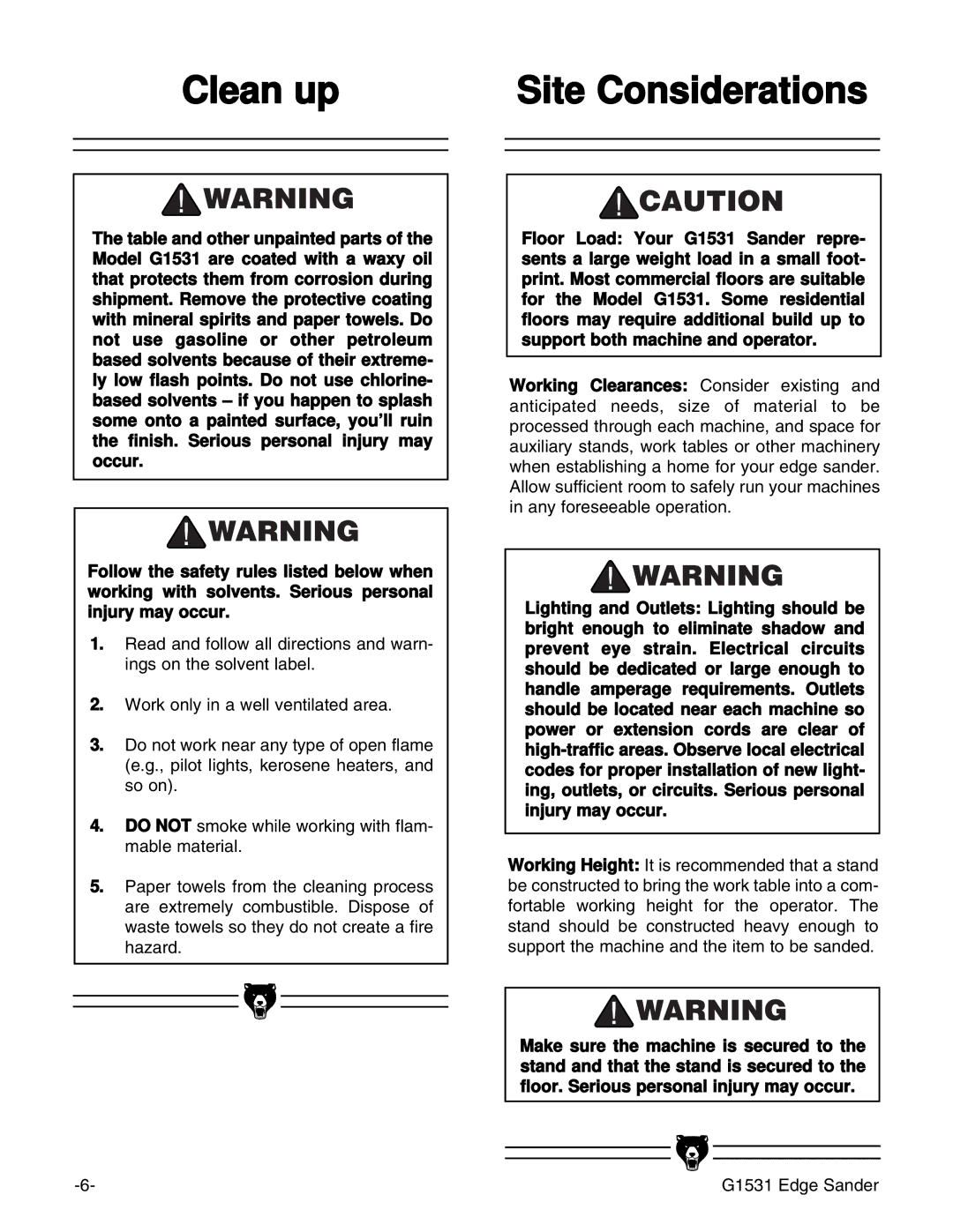 Grizzly G1531 manual Clean up Site Considerations 