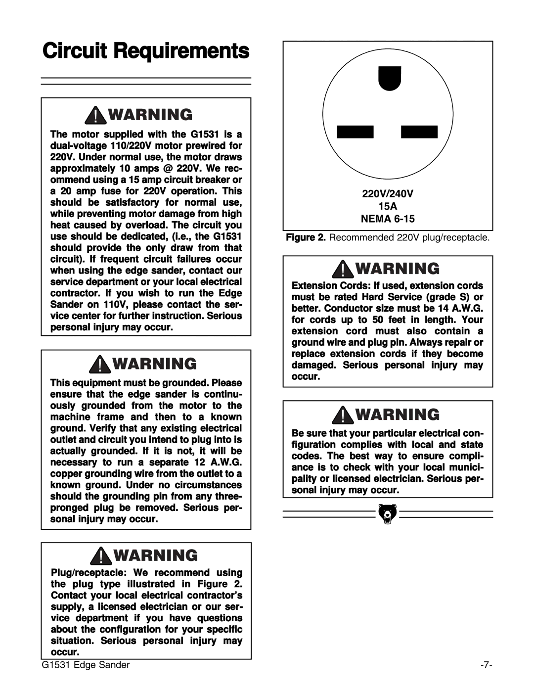 Grizzly G1531 manual Circuit Requirements, Recommended 220V plug/receptacle 