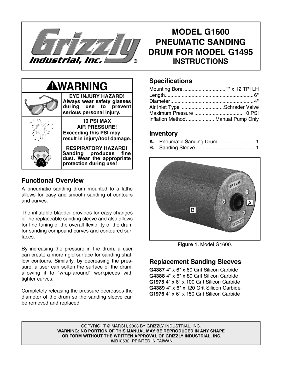 Grizzly G1600 specifications Specifications, Inventory, Functional Overview, Replacement Sanding Sleeves 