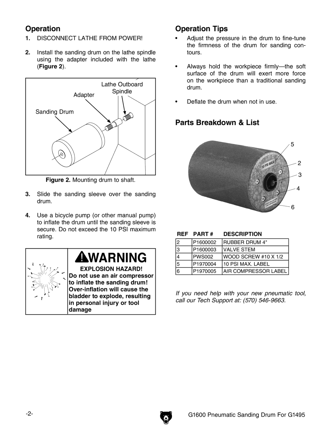 Grizzly G1600 specifications Operation Operation Tips, Parts Breakdown & List 