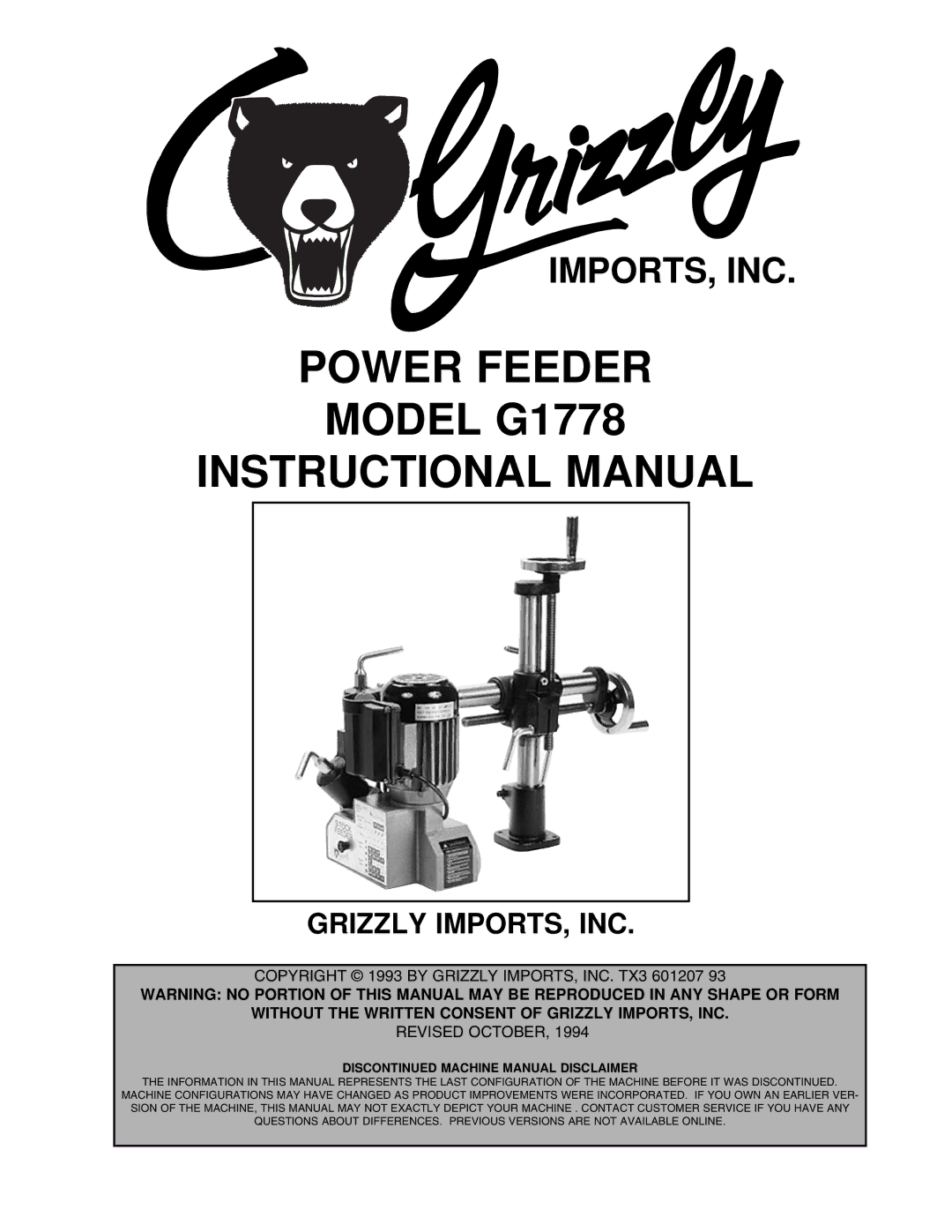 Grizzly manual Power Feeder Model G1778 Instructional Manual, Grizzly IMPORTS, INC 