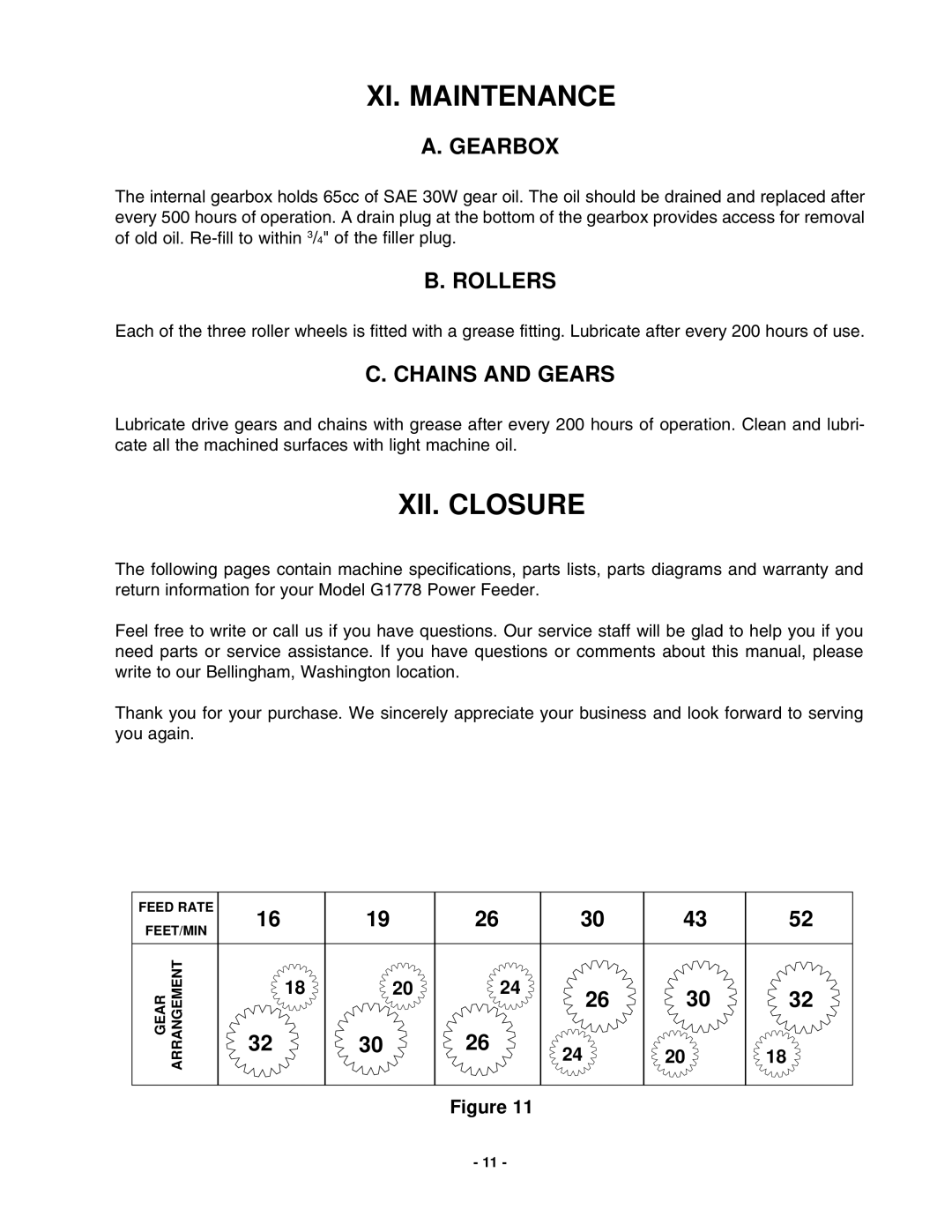 Grizzly G1778 manual XI. Maintenance, XII. Closure, Gearbox, Rollers, Chains and Gears 