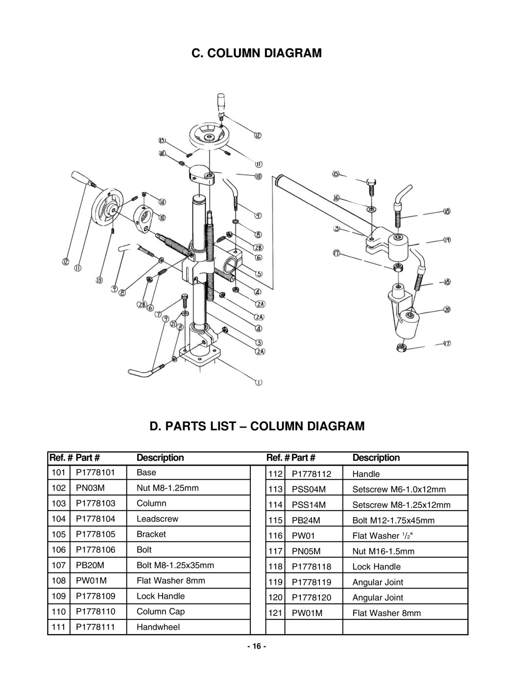 Grizzly G1778 manual Column Diagram Parts List Column Diagram, PW01M 