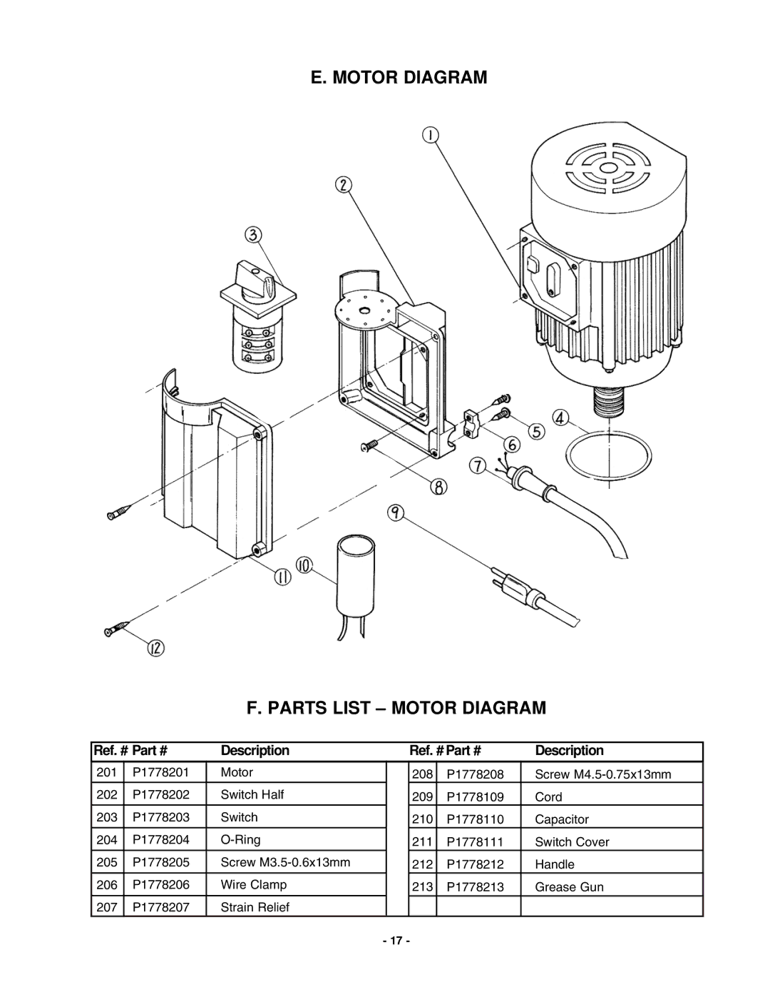 Grizzly G1778 manual Motor Diagram Parts List Motor Diagram 