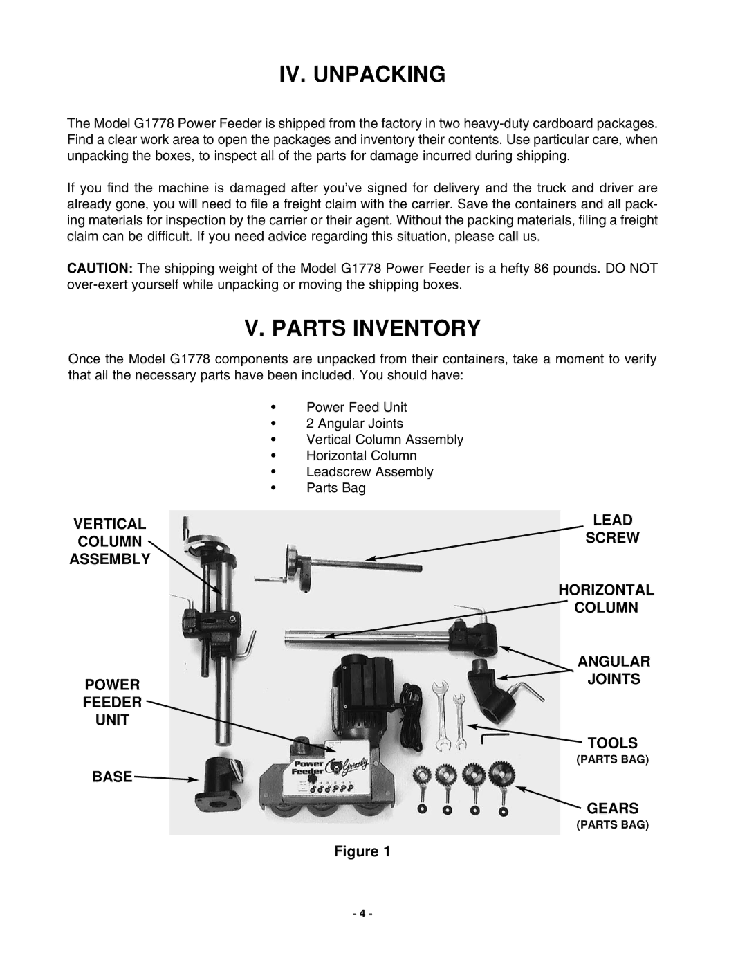 Grizzly G1778 manual IV. Unpacking, Parts Inventory 