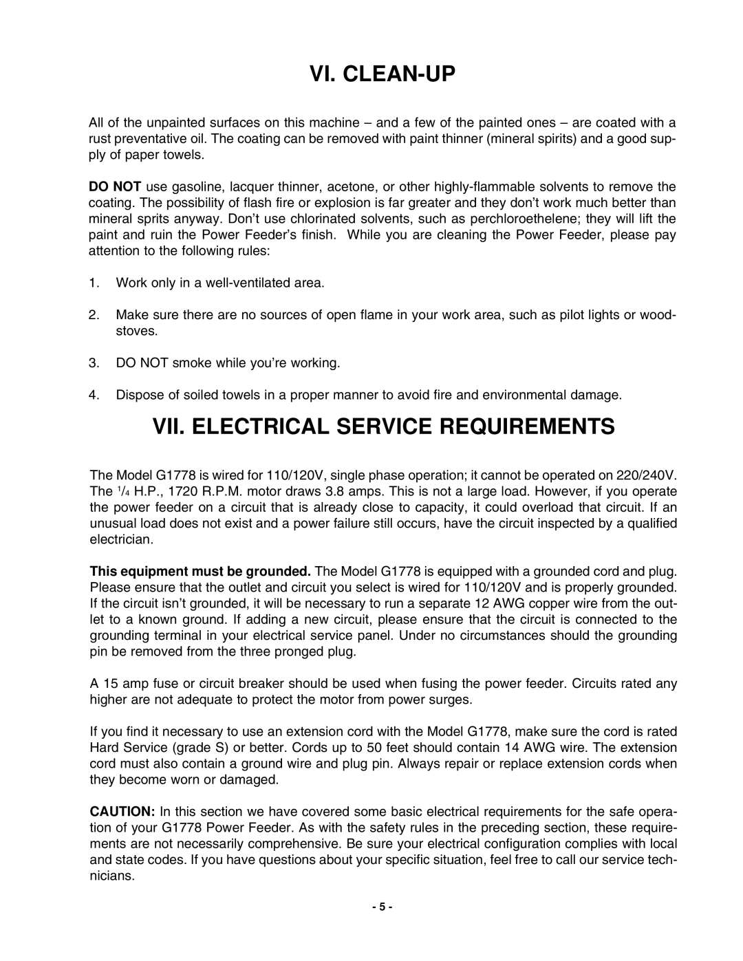 Grizzly G1778 manual Vi. Clean-Up, VII. Electrical Service Requirements 