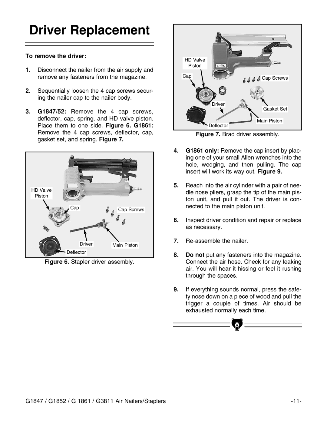 Grizzly G1847 instruction manual Driver Replacement, To remove the driver 