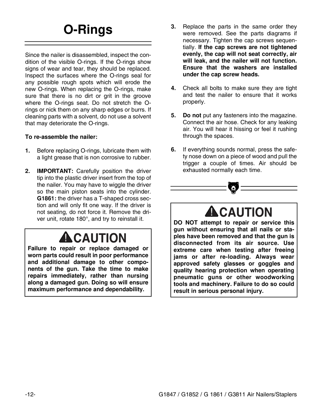 Grizzly G1847 instruction manual Rings, To re-assemble the nailer 