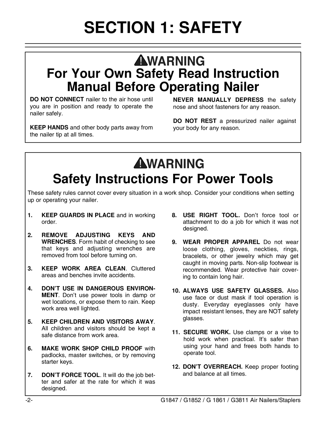 Grizzly G1847 instruction manual Safety Instructions For Power Tools 