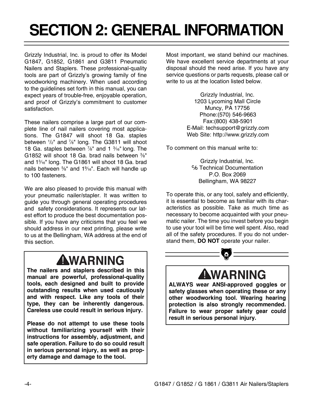 Grizzly G1847 instruction manual General Information 