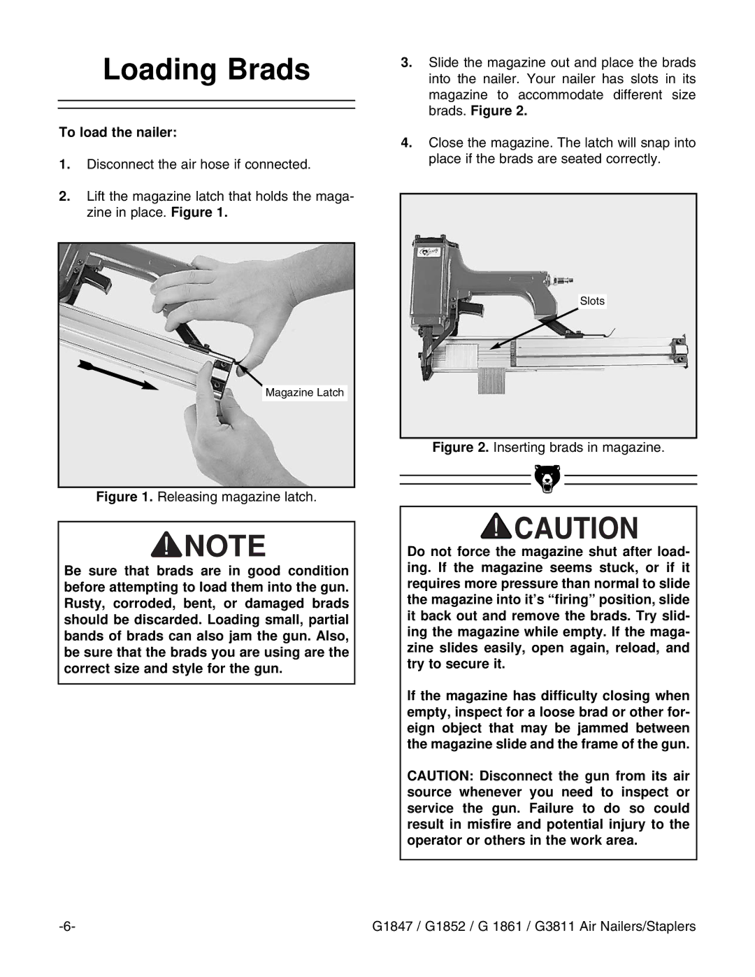 Grizzly G1847 instruction manual Loading Brads, To load the nailer 