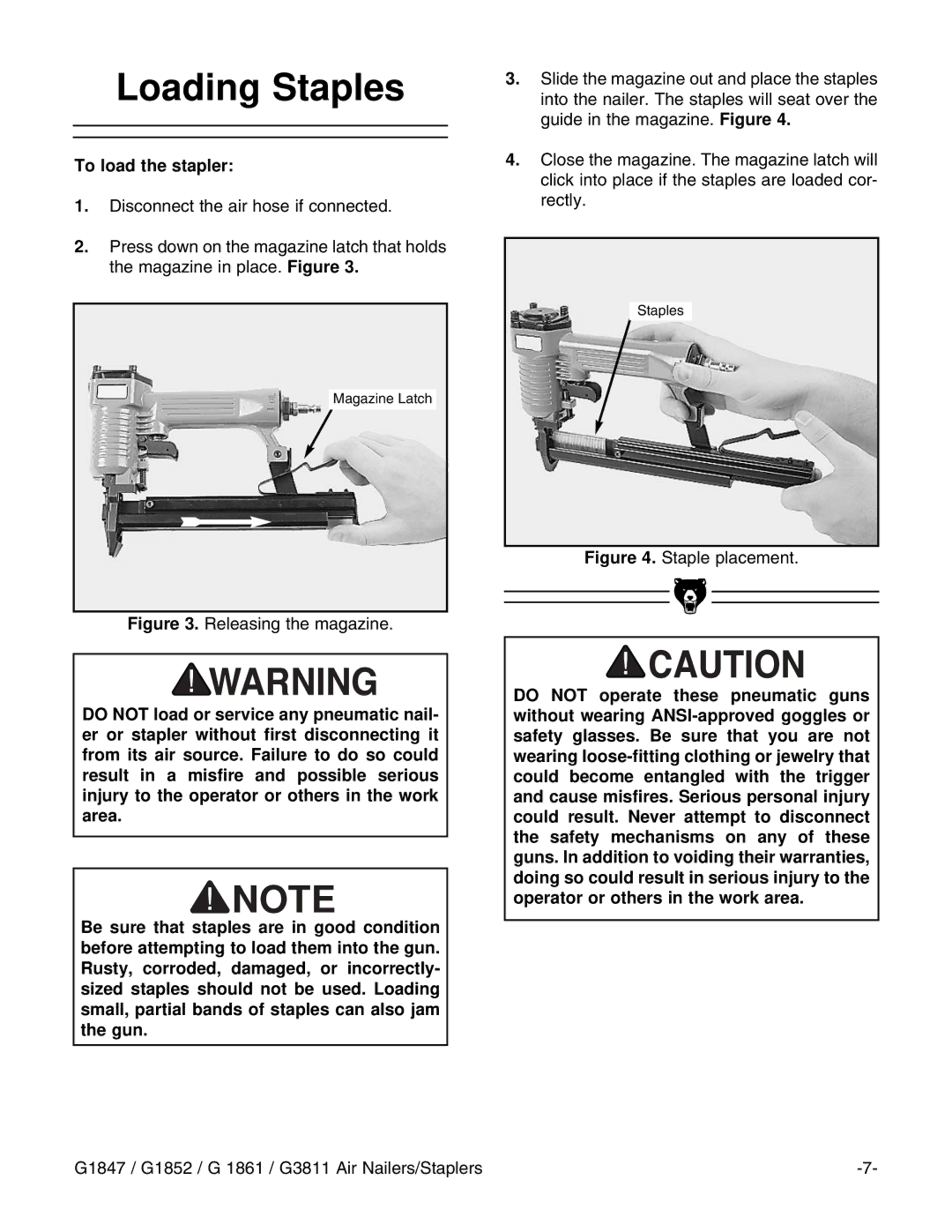 Grizzly G1847 instruction manual Loading Staples, To load the stapler 