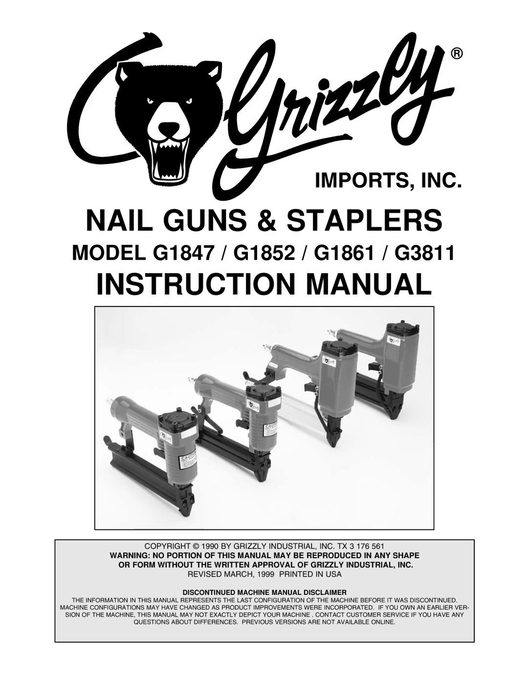 Grizzly instruction manual Nail Guns & Staplers, Model G1847 / G1852 / G1861 / G3811 