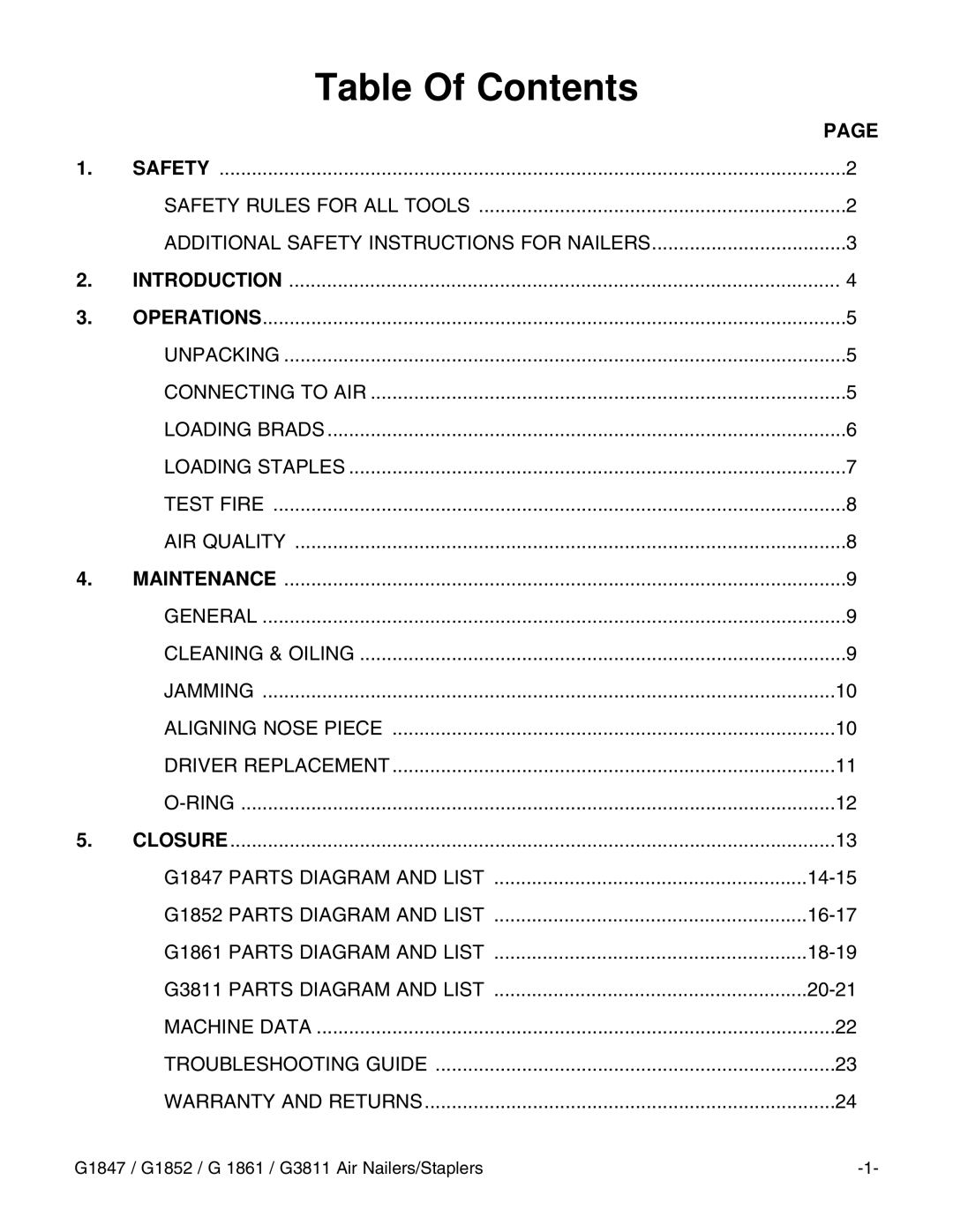 Grizzly G3811, G1852, G1861 instruction manual Table Of Contents 