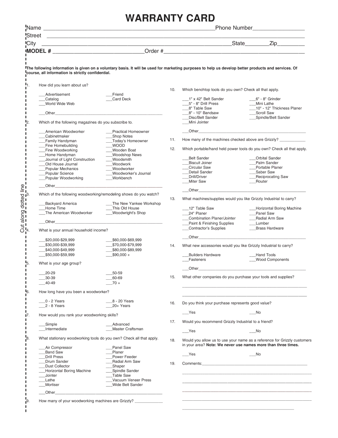 Grizzly G3811, G1852, G1861 instruction manual Warranty Card 